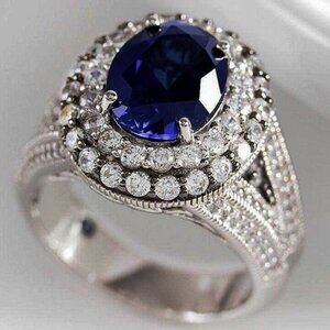 😍Silver Plated Royal Blue CZ Wedding/Engagement Ring for Women, K973